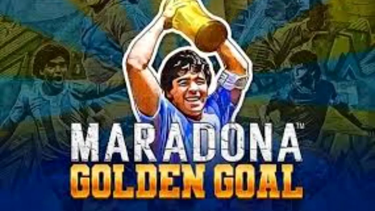 Interface do jogo de slot Maradona Golden Goal com elementos de futebol e jackpots